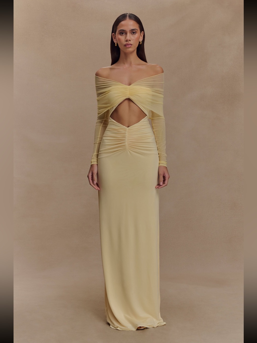 Meshki Pale Yellow Off-Shoulder Cutout Maxi Dress